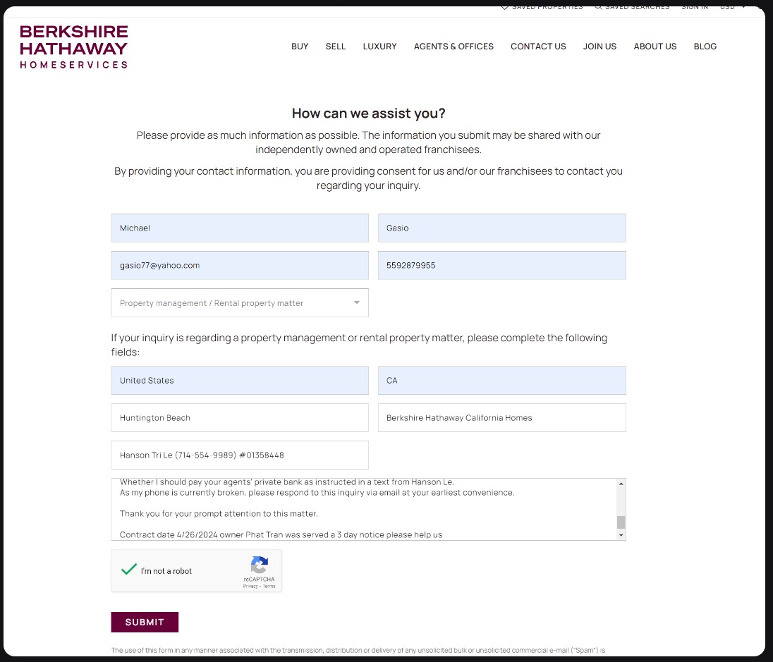 Berkshire Hathaway Contact Form Submission